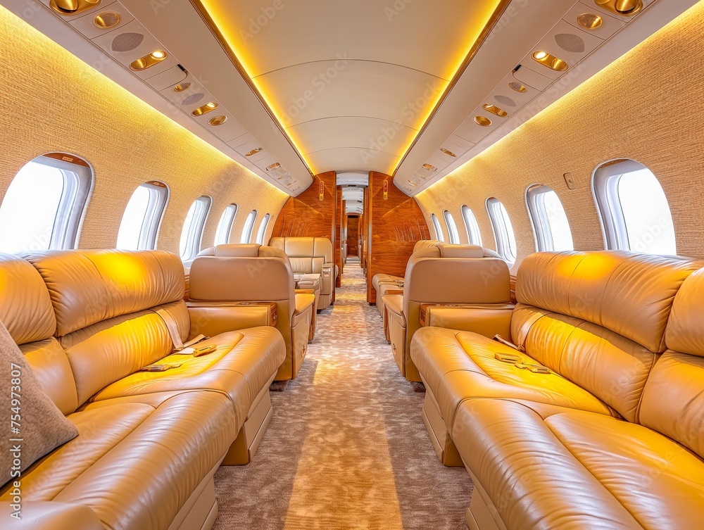 Explore unparalleled comfort within this luxury jet's cabin, featuring plush leather seats and exquisite wood finishes.