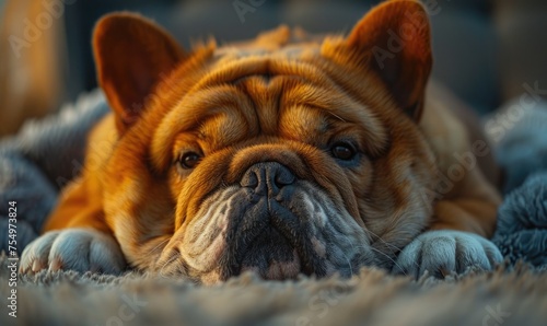 Close-up of a bulldog's face with soulful eyes, resting on a cozy, textured blanket, exuding a feeling of contentment and ease. © Autaporn