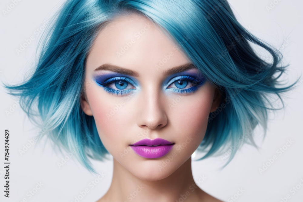 Professional model, blue-eyed, with vibrant makeup, healthy skin and bright blue hair, looks at the camera, colorful background, cosmetic concept Professional model, blue-eyed, with vibrant makeup, healthy skin and bright blue hair, looks at the camera, colorful background, cosmetic concept