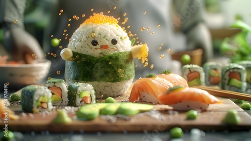 Cute Sushi Character Crafting Artistic Rolls Amidst Vibrant Ingredients photo