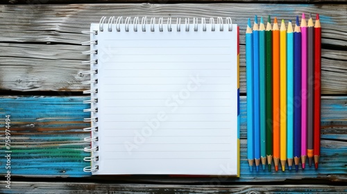 a stack of colored pencils next to a notebook on a wooden background with a blank notepad and colored pencils. photo