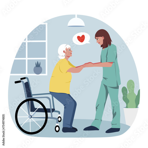 Female nurse in teal robe helping old disabled woman to stand up from wheelchair. Hospital indoor interior. Routine work. Concept of healthcare, provision of medical care. Vector illustration