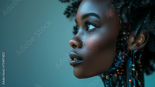 Side profile of an african american ai robot cyborg. Humanised robotic artificial intelligence concept
