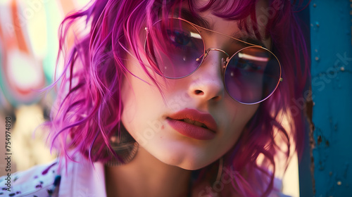 Stylish girl with bright violet hair in a city landscape
