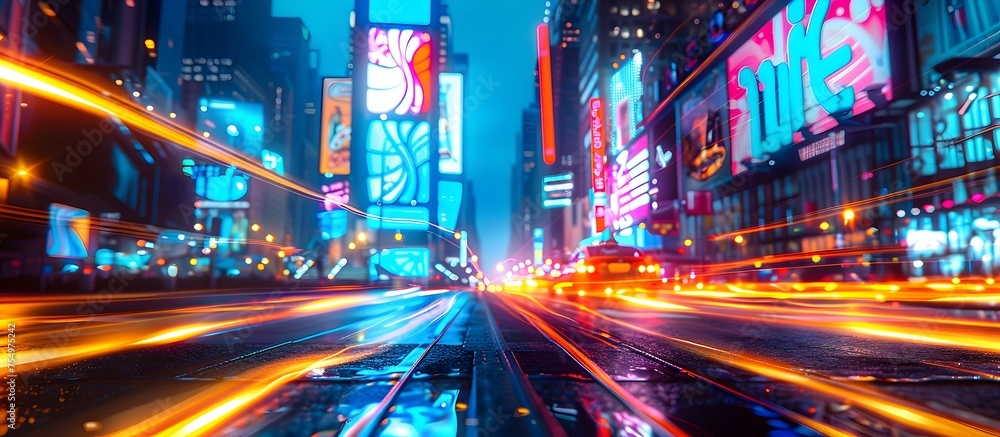 Vibrant Nighttime Urban Scene in New York City with Digital Billboards and Motion Blur