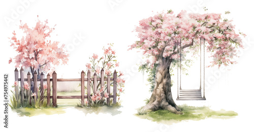 Blooming pink trees by a wooden fence and swing