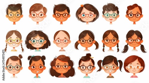 A child avatar creation on a white background with girl face parts, including eyes, glasses, noses, haircuts, eyebrows, and lips.