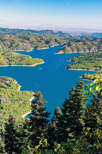 View of the artificial Plastiras or Tavropos lake in Thessaly, Greece