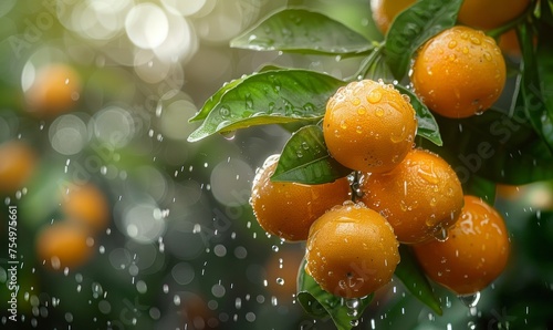 beautiful fresh ripe oranges hanging on a tree in garden