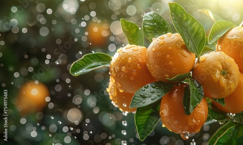 beautiful fresh ripe oranges hanging on a tree in garden