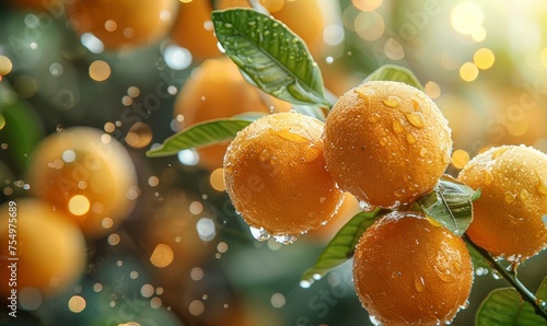 beautiful fresh ripe oranges hanging on a tree in garden