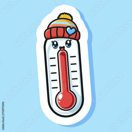 Cartoon cold thermometer sticker, temperature measurement icon, fahrenheit and celsius degree, cute female character with hat. Isolated on blue background. Vector illustration