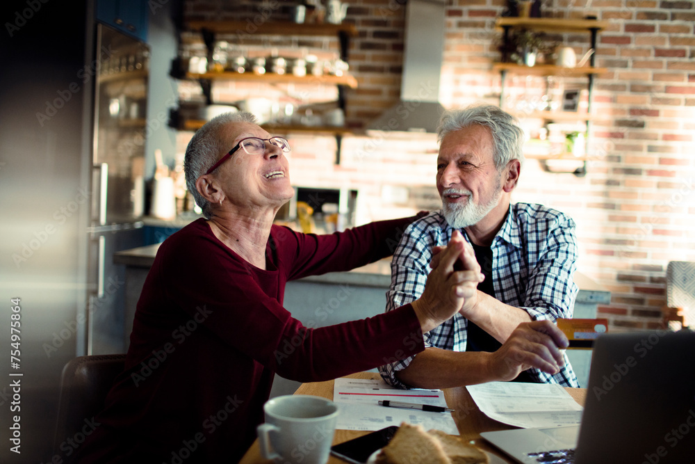 Senior partners discussing bills at home