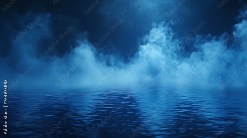The picture shows smoke, magic haze clouds, blue glowing steam in a nightclub perspective view. The background shows fog or mist spreading over dark water surface. Mysterious natural phenomenon. The - obrazy, fototapety, plakaty 