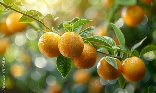 beautiful fresh ripe oranges hanging on a tree in garden