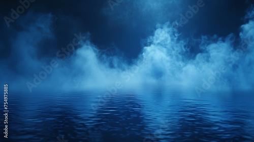 The picture shows smoke, magic haze clouds, blue glowing steam in a nightclub perspective view. The background shows fog or mist spreading over dark water surface. Mysterious natural phenomenon. The