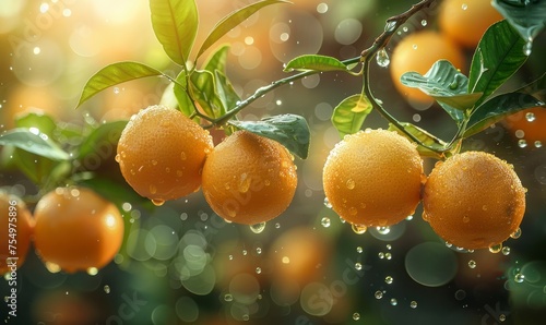 beautiful fresh ripe oranges hanging on a tree in garden