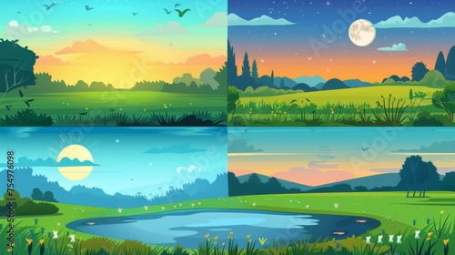 This is a cartoon nature landscape daytime set. In the morning, there is a pond at green field with bushes in the early morning time, in the evening there is a sunset, and at night there is the moon