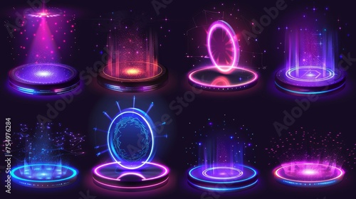 An imaginary environment with futuristic digital portals, glowing neon lights and holograms. Magic circle and square podiums, color beams and sparkles on a teleport platform, modern realistic set.