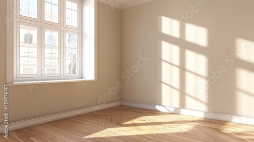 Blank pastel wall in a beige room with sunlight and window shadow. Realistic modern illustration of new apartment interior design with wooden floor and no furniture.