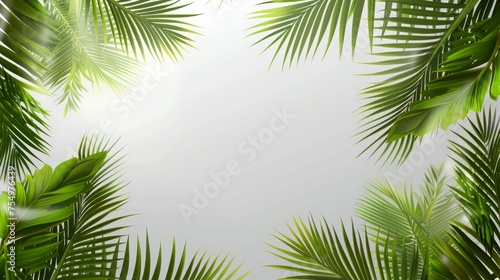A tropical frame with green palm leaves is set on a transparent background. Modern illustration showing coconut palm foliage bordering a summer banner template. © Mark