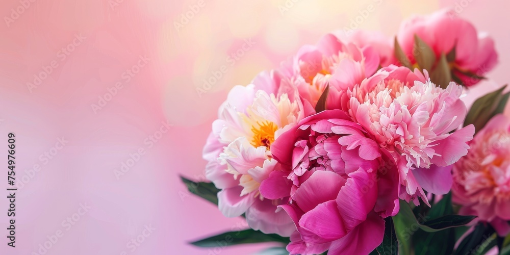 Mixed pink peonies cluster for vibrant floral arrangements. Soft pink gradient background enhances the beauty of peonies. Fresh pink peony blossoms perfect for spring season décor.