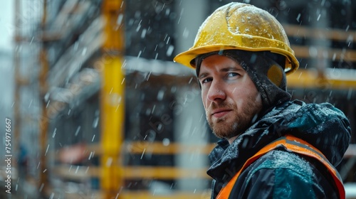 Young construction worker in yellow helmet braving the rain on site. Reflective gear-clad professional on a rainy construction site. Determined builder with safety equipment against scaffolding