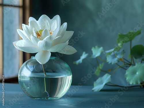 soft toned photo of a lotus or water lily in a simple glass vase, dark background, elegant, fine art style pure beauty