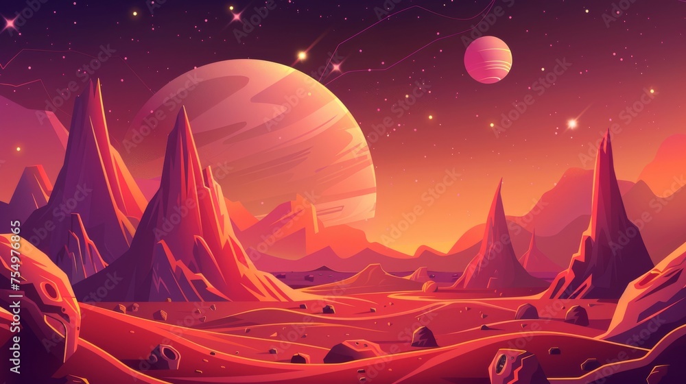 Animated alien space planet with crater, moon and Saturn, stars ...