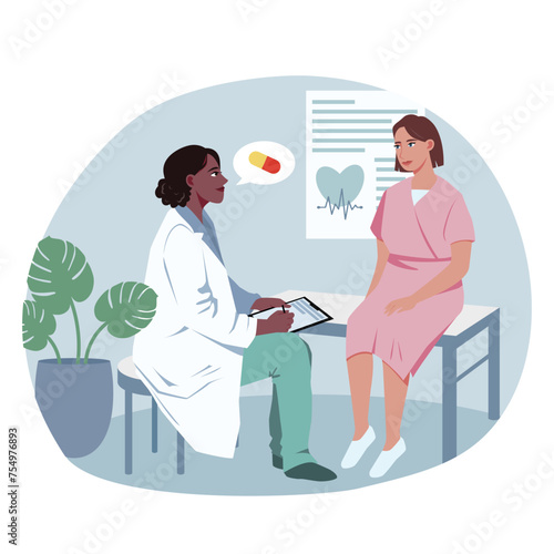 African American doctor in white robe holds clipboard talking to female patient to make diagnosis and prescribe treatment. Hospital interior. Concept of provision of medical care. Vector illustration © GN.STUDIO
