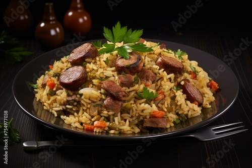 Hearty Pilaf meat bowl asian. Food table. Generate Ai