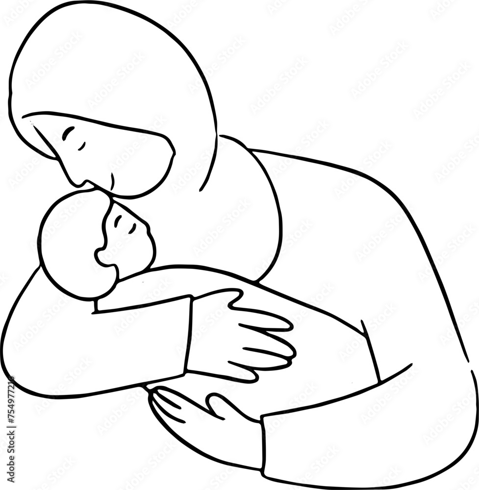 line art - mom - mother and baby - muslimah line art - mom - mother and baby - muslimah