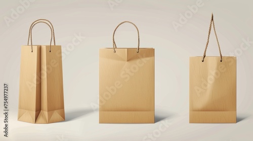 Decorative brown paper bag and handle modern mockup. Shopping package mockup to carry food. 3D retail merchandise illustration with branding.