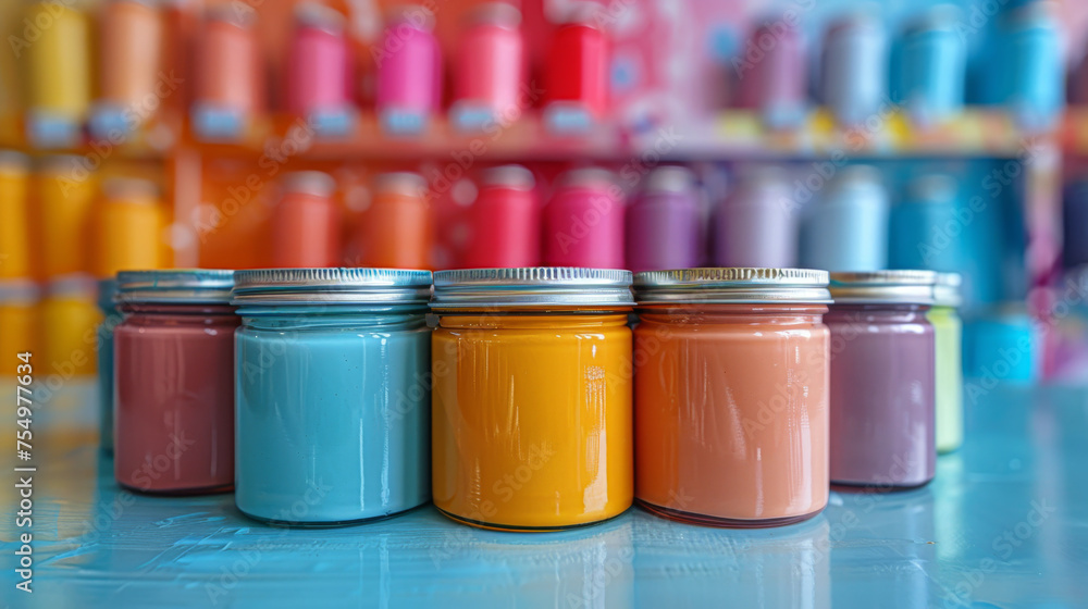 A row of colorful jars of paint sit on a table. The jars are arranged in a rainbow pattern, with each jar containing a different color. Concept of creativity and artistic expression A row of colorful jars of paint sit on a table. The jars are arranged in a rainbow pattern, with each jar containing a different color. Concept of creativity and artistic expression