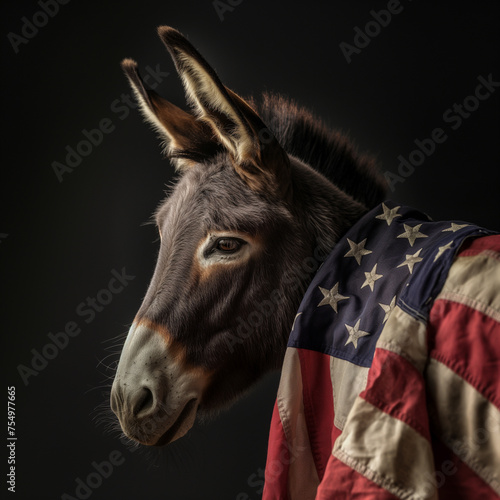 Profile view of a donkey, the political symbol for the Democrat Party, with an American flag wrapped around its shoulders.
