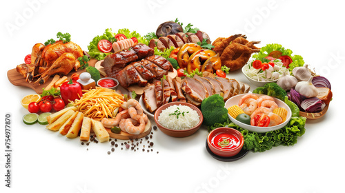 Large group of barbecue food isolated on transparent background.  Top view.