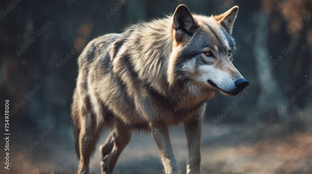 Obraz premium a close up of a wolf standing in a field of grass with trees in the background and a blurry image of trees in the background.