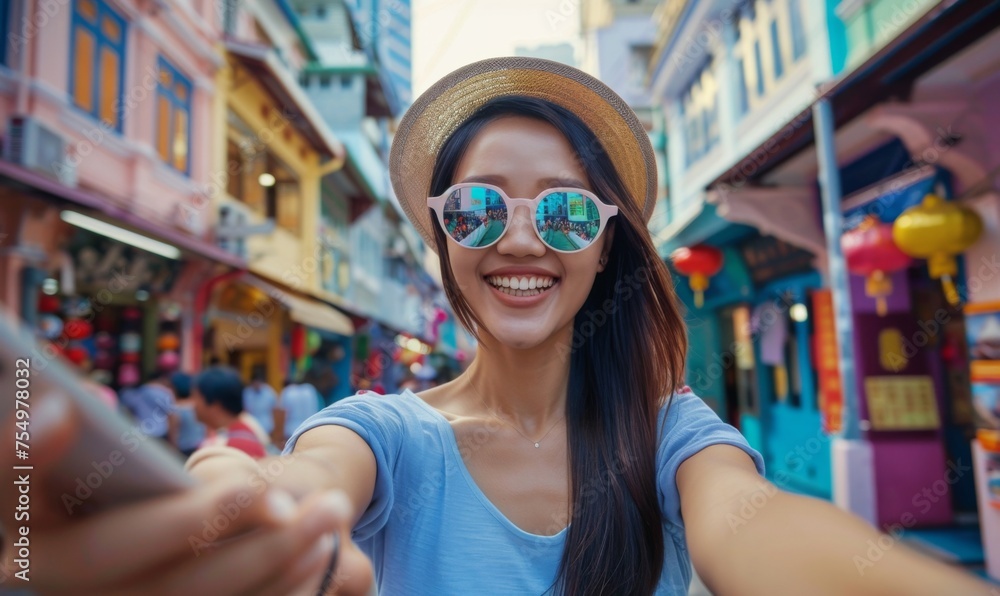 Asian hipster girl's radiant smile and playful expression as she gazes into the smartphone camera