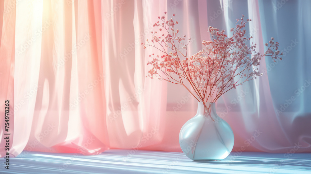 Gossamer Curtains and Delicate Dried Flowers - Soft light filters through sheer curtains, casting a serene glow on a vase of delicate dried flowers on a window sill.

