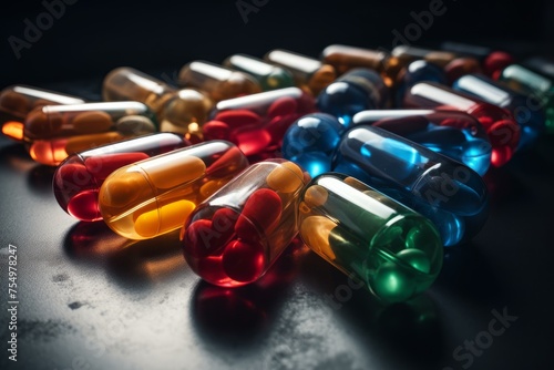 Distinctive pill omega capsules on black background banner. Fish omega gel tablets medication supplements. Generate ai photo