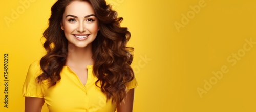 A woman with a head full of long ringlet curls is sporting a bright yellow shirt, with a beaming smile on her face. Her happy gesture is accentuated by her curly hair photo