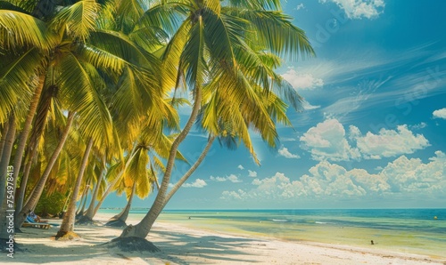 Tropical beach scene featuring a cluster of coconut palm trees lining the shore photo