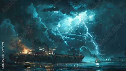 Harbor view with intense storm - A digitally artwork featuring a storm over industrial harbor signifies the confrontation of man-made and natural forces