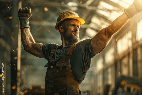 Muscular worker wielding a hammer with sparks - An intense scene capturing a strong construction worker swinging a hammer with visible sparks flying around on a work site photo