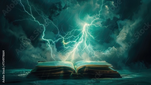 Open book unleashing a bright lightning storm - This illustration showcases an open book with lightning coming forth, evoking ideas of power through knowledge