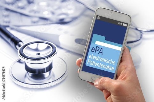 cell or mobile phone with the text ePA elektronische Patientenakte (electronic health records). Symbol for the start of the electronic health records app in Germany