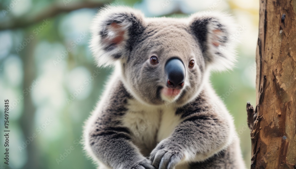 Fototapeta premium a close up of a koala on a tree with trees in the background and a sky in the background.