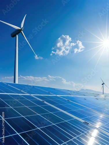 Solar panels and wind turbines under blue sky - A representation of renewable energy sources with solar panels and wind turbines against a clear blue sky photo