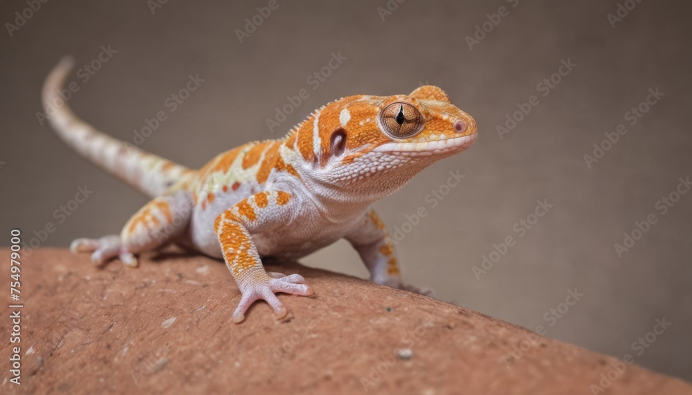 Naklejka premium a close up of a small orange and white gecko on a rock looking at the camera with a curious look on its face.