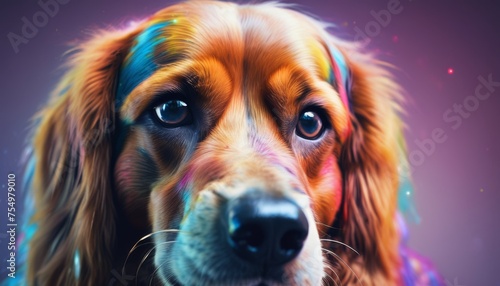  a close up of a dog's face with a multicolored pattern on it's fur and nose.